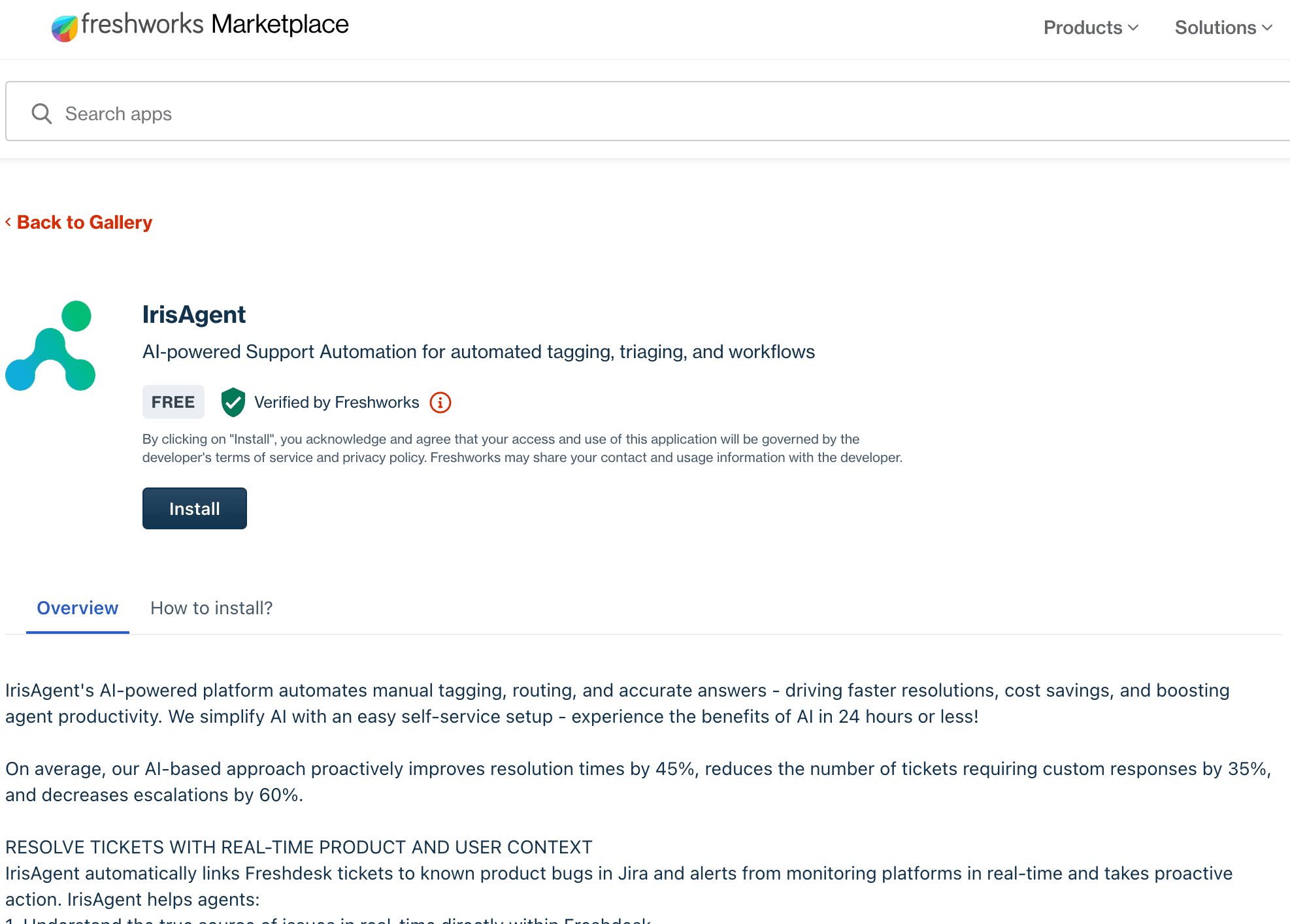 IrisAgent app listing on Freshworks