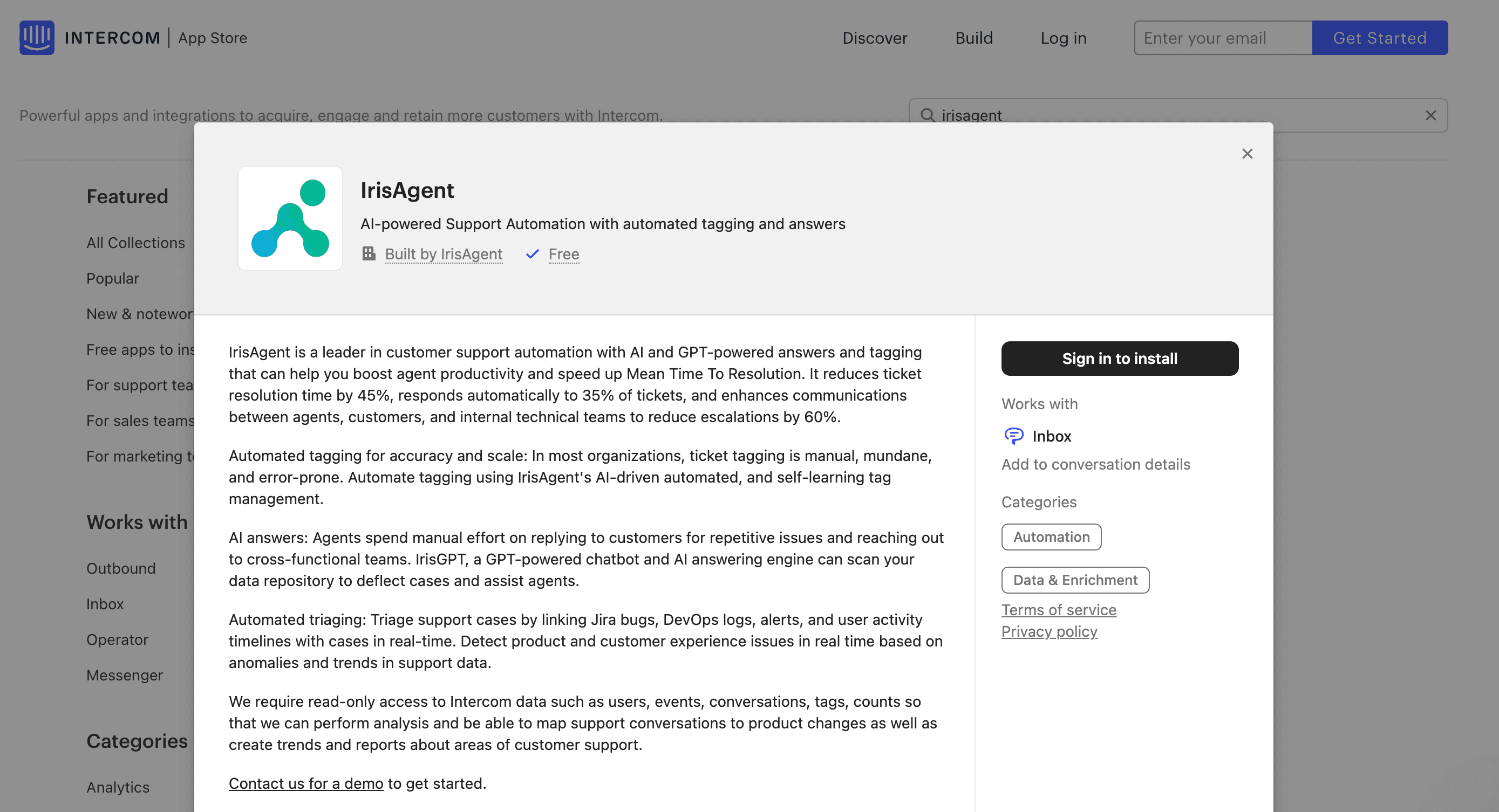 IrisAgent app listing on Zendesk