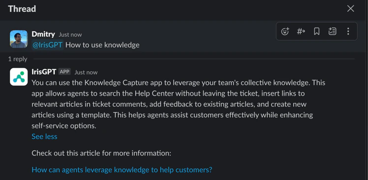 IrisGPT mention with threaded reply