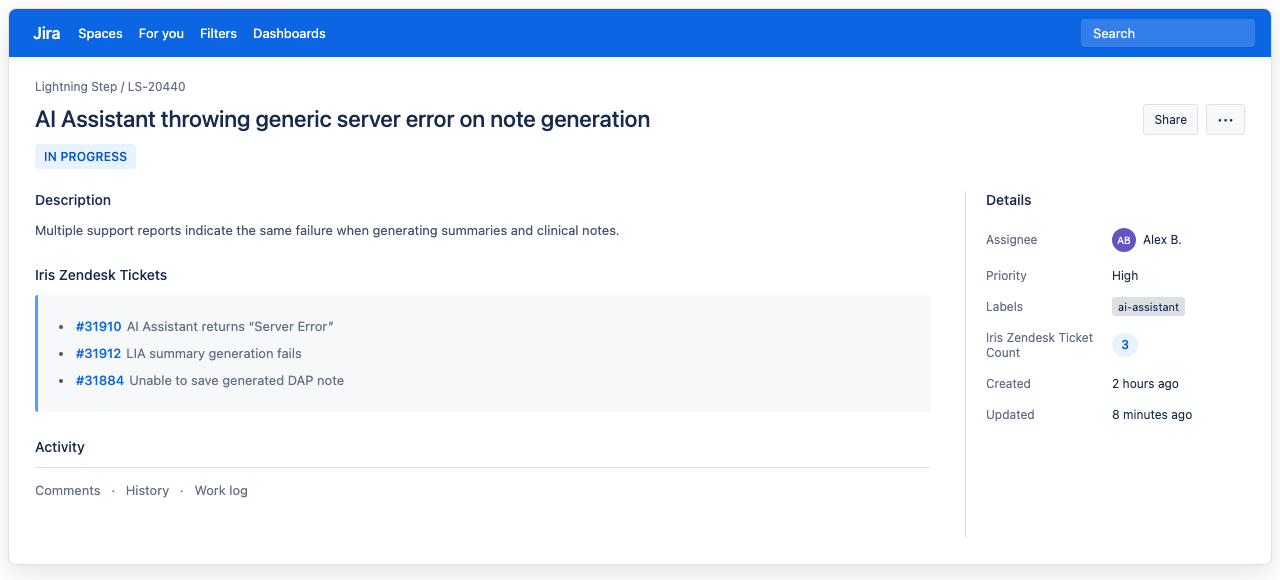 Mockup of a Jira issue showing a linked Zendesk ticket list and ticket count maintained by IrisAgent