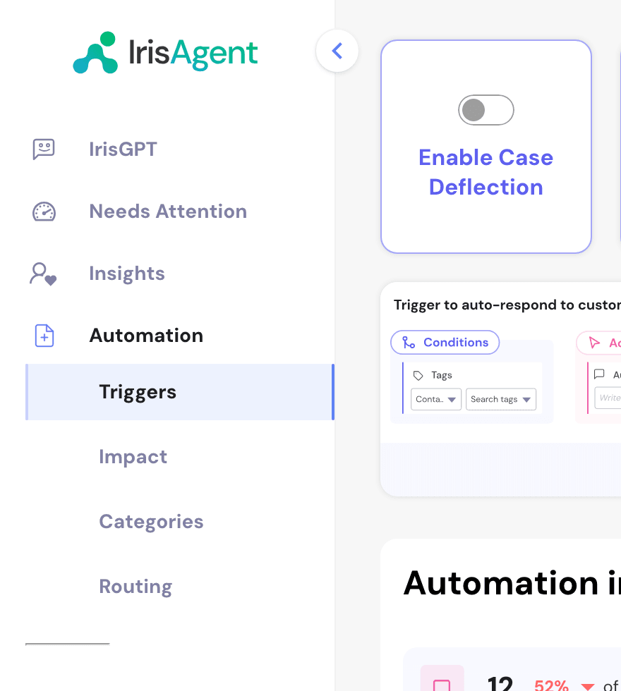 IrisAgent ticket deflection toggle
