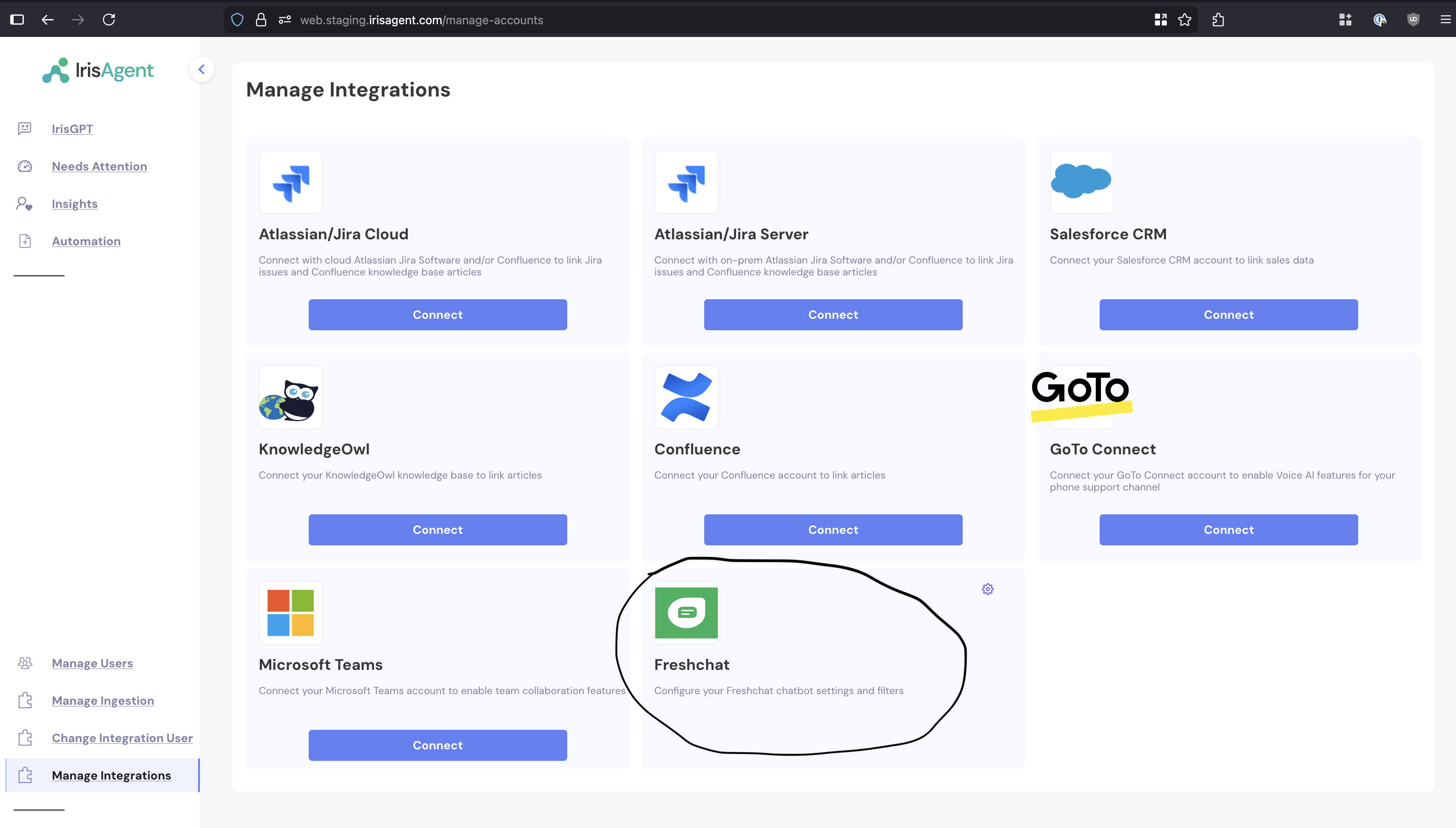 IrisAgent Freshchat Configuration UI