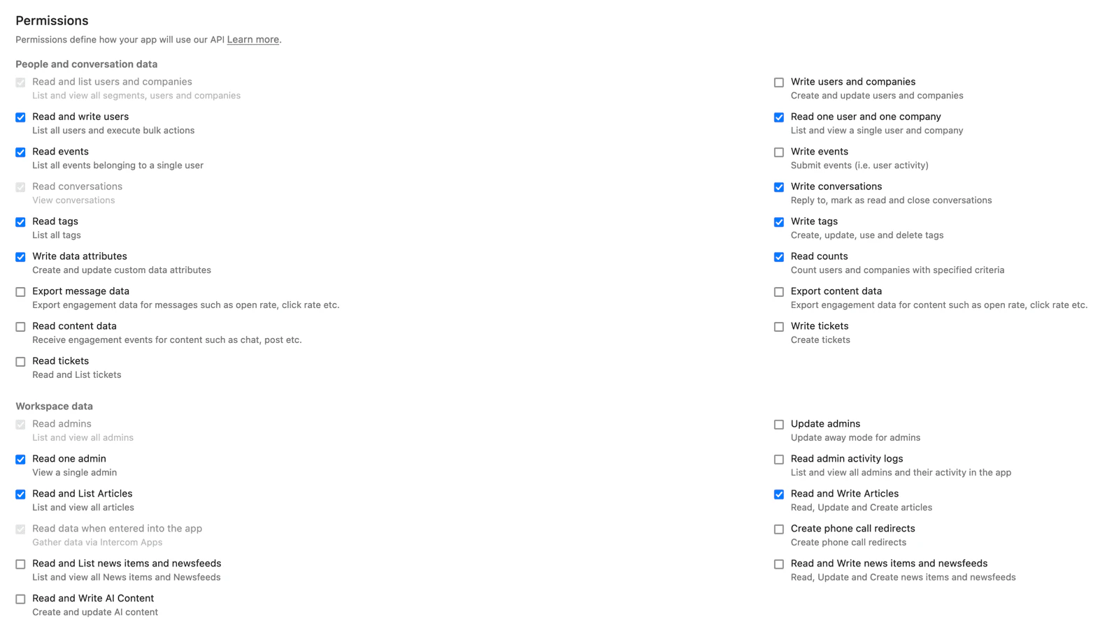 IrisAgent app permissions for Intercom