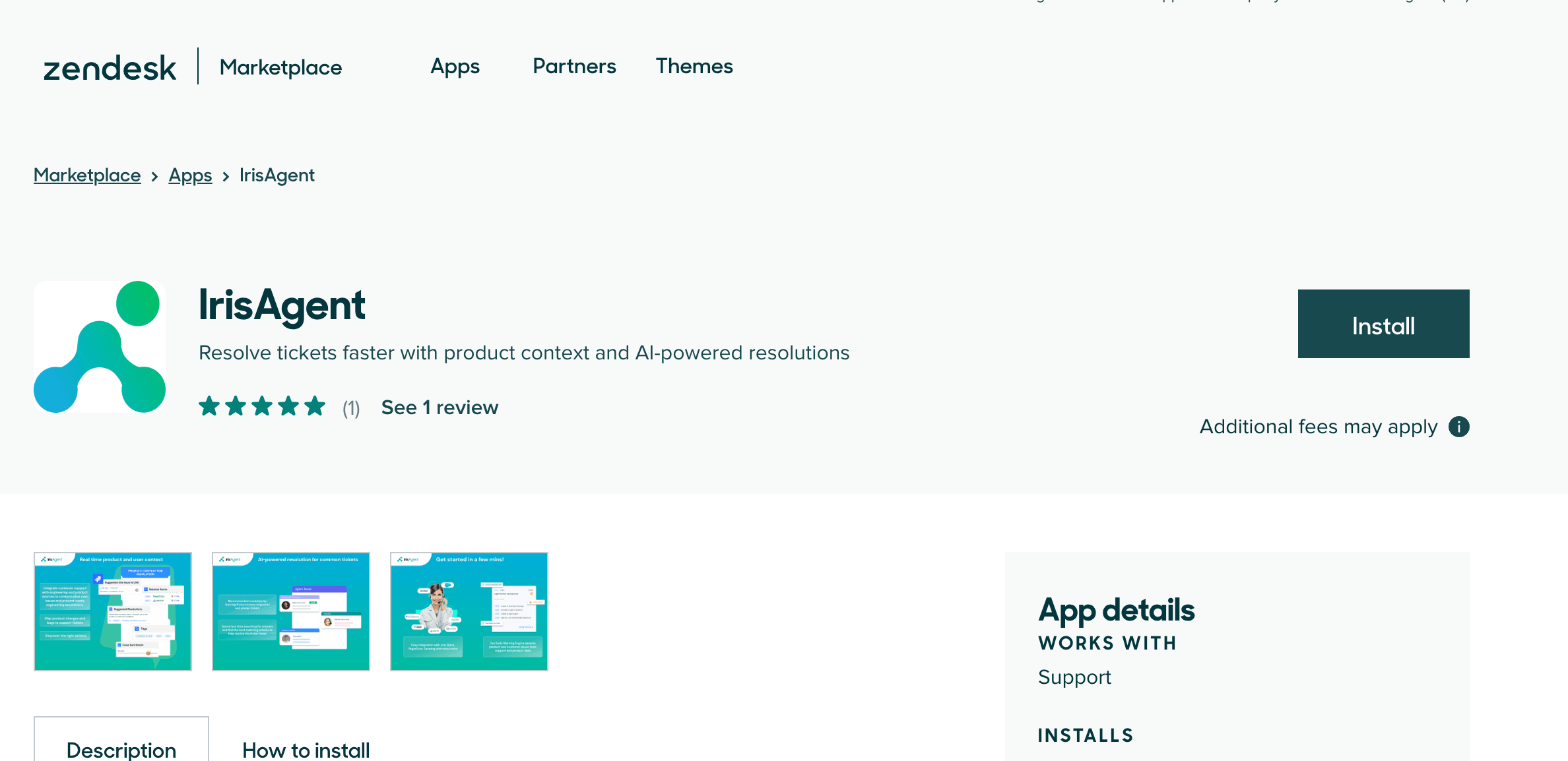 IrisAgent app listing on Zendesk