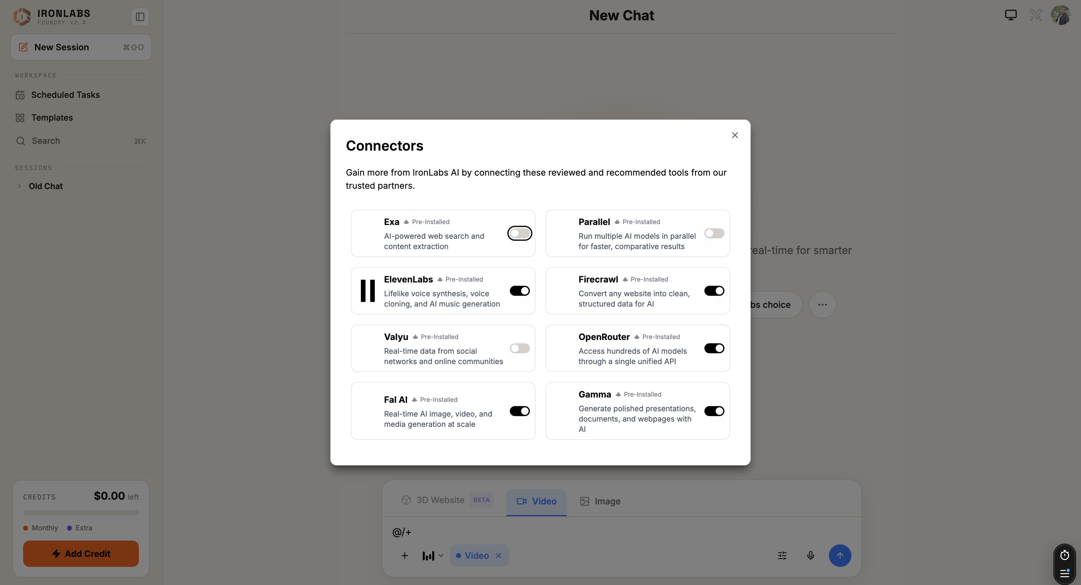 Connectors modal — all eight pre-installed connectors with descriptions and enable toggles.