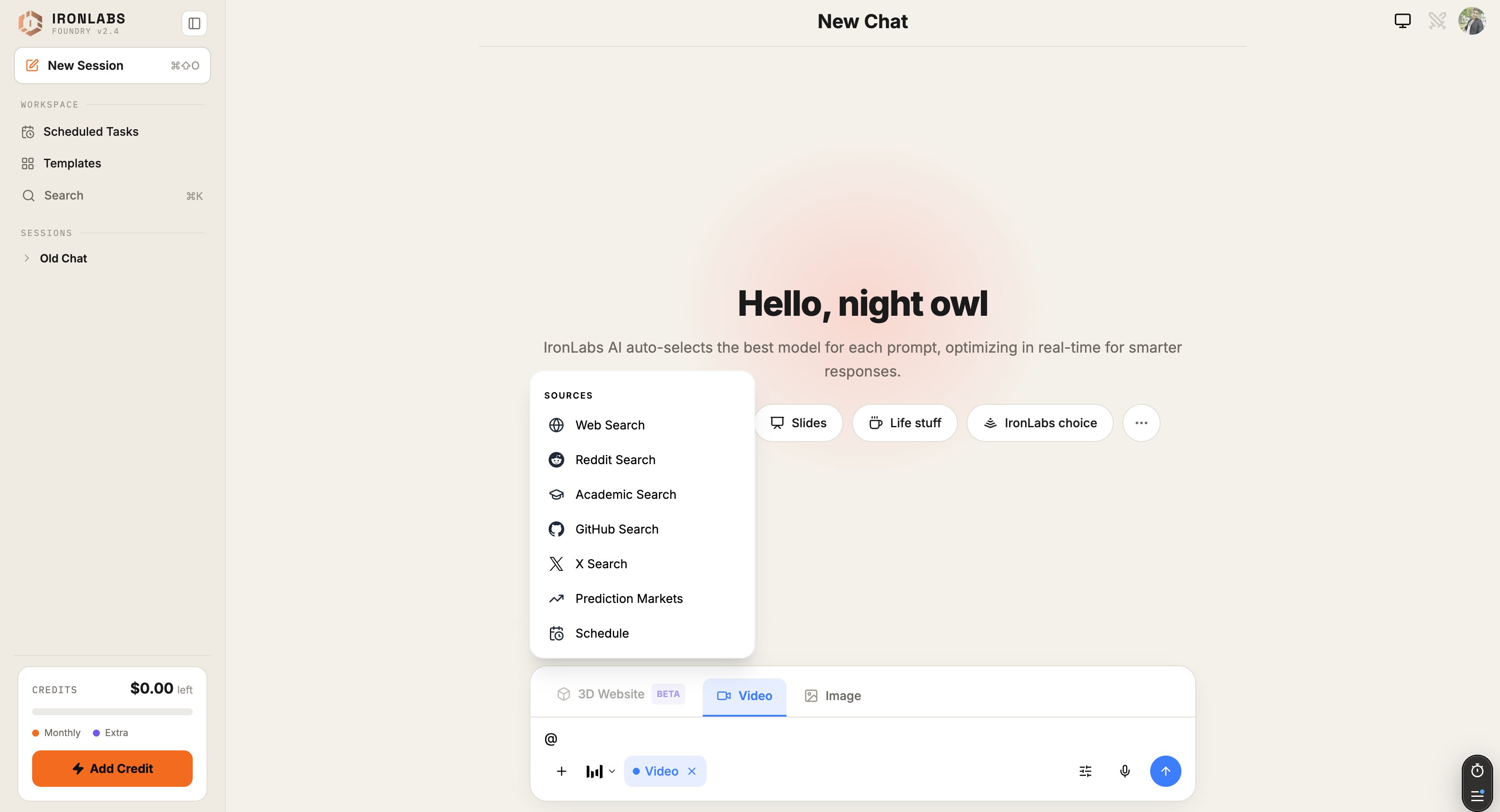 Sources menu open — Web Search, Reddit Search, Academic Search, GitHub Search, X Search, Prediction Markets, Schedule.