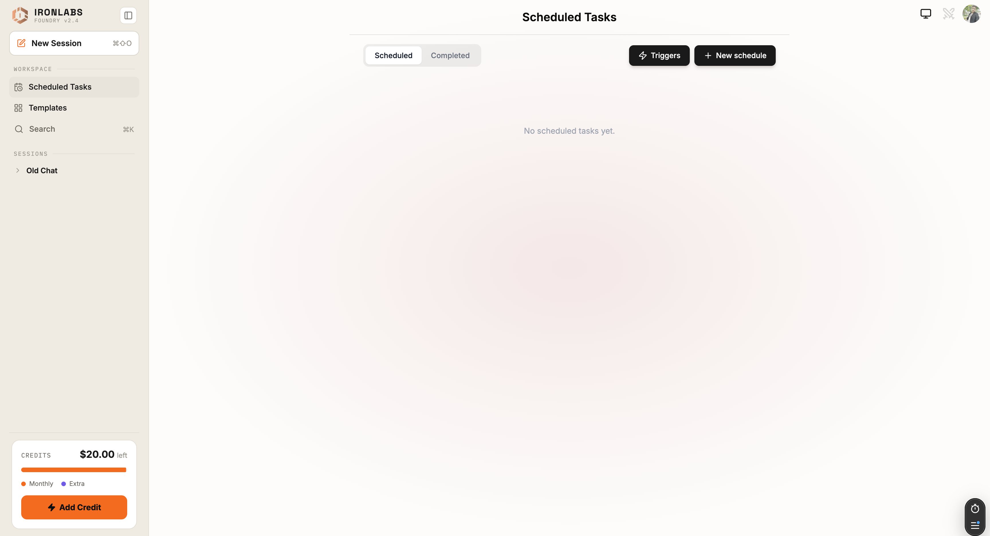Scheduled Tasks page — Scheduled / Completed tabs, Triggers and New schedule buttons, empty state.
