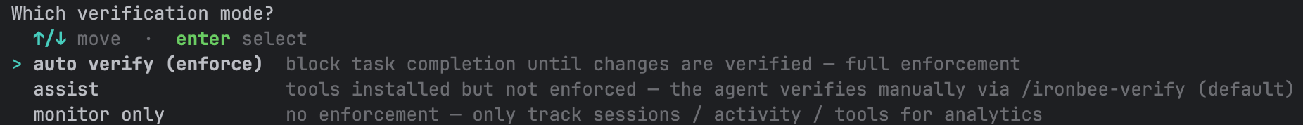 Verification-mode picker with the cursor on auto verify (enforce), described as block task completion until changes are verified
