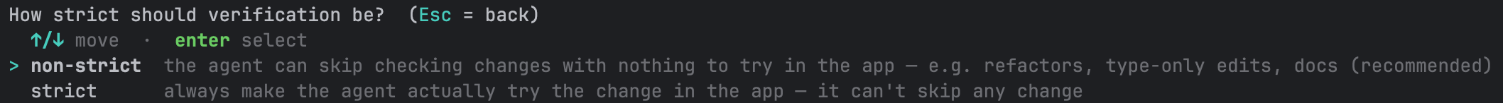 Picker titled 'How strict should verification be?' with the cursor on non-strict