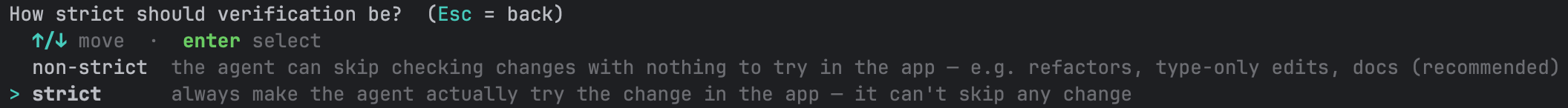 Picker titled 'How strict should verification be?' with the cursor on strict