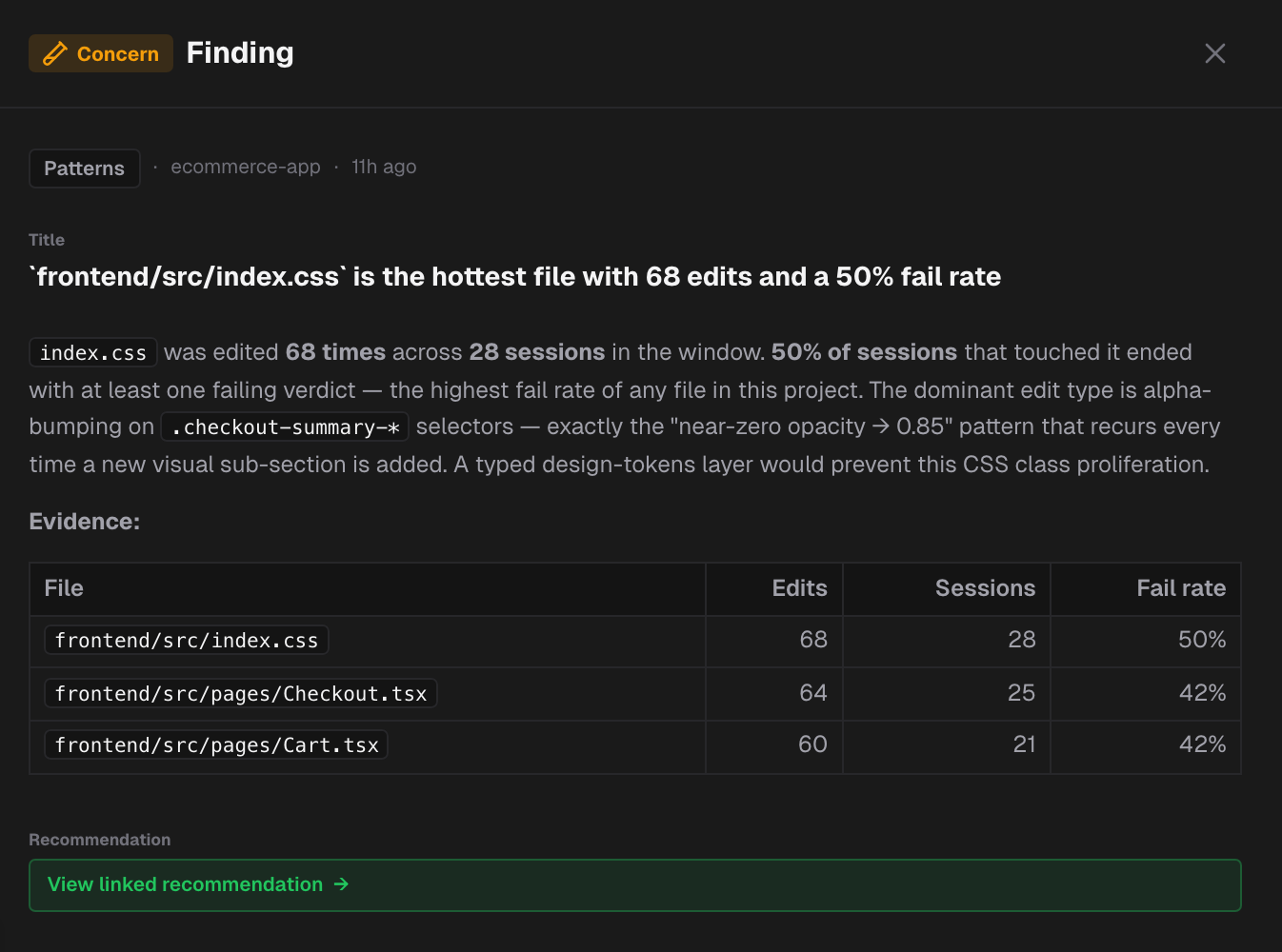 An open Concern finding in the Patterns area, with its title, description, an evidence table and the View linked recommendation link