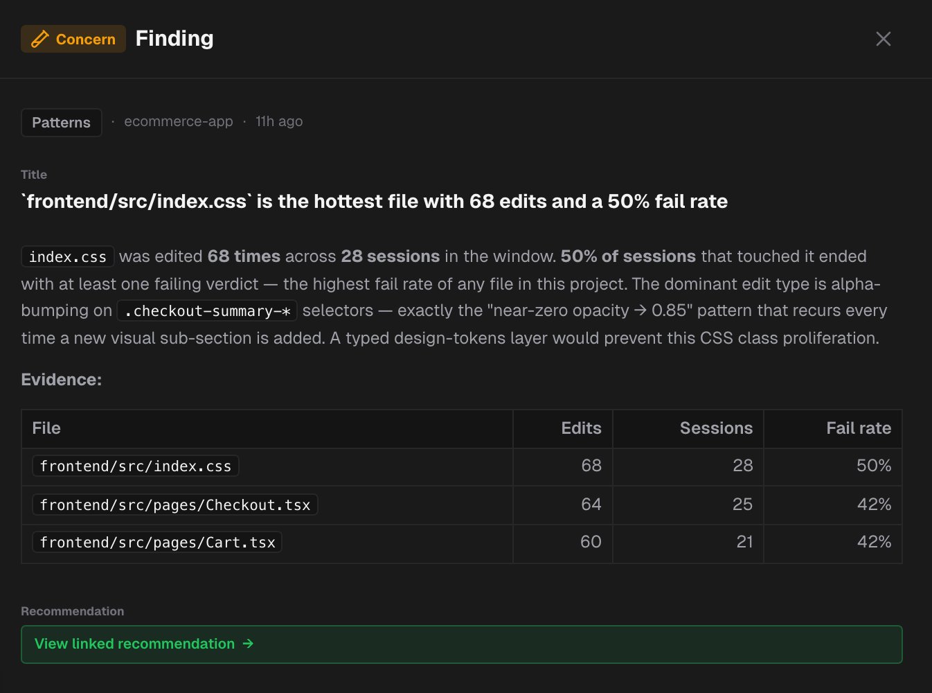 An open Concern finding in the Patterns area, with its title, description, an evidence table and the View linked recommendation link