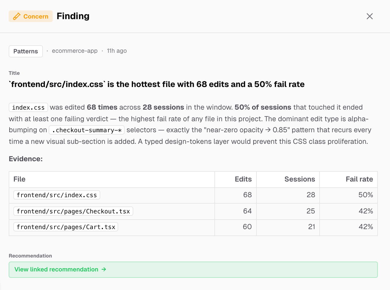 An open Concern finding in the Patterns area, with its title, description, an evidence table and the View linked recommendation link