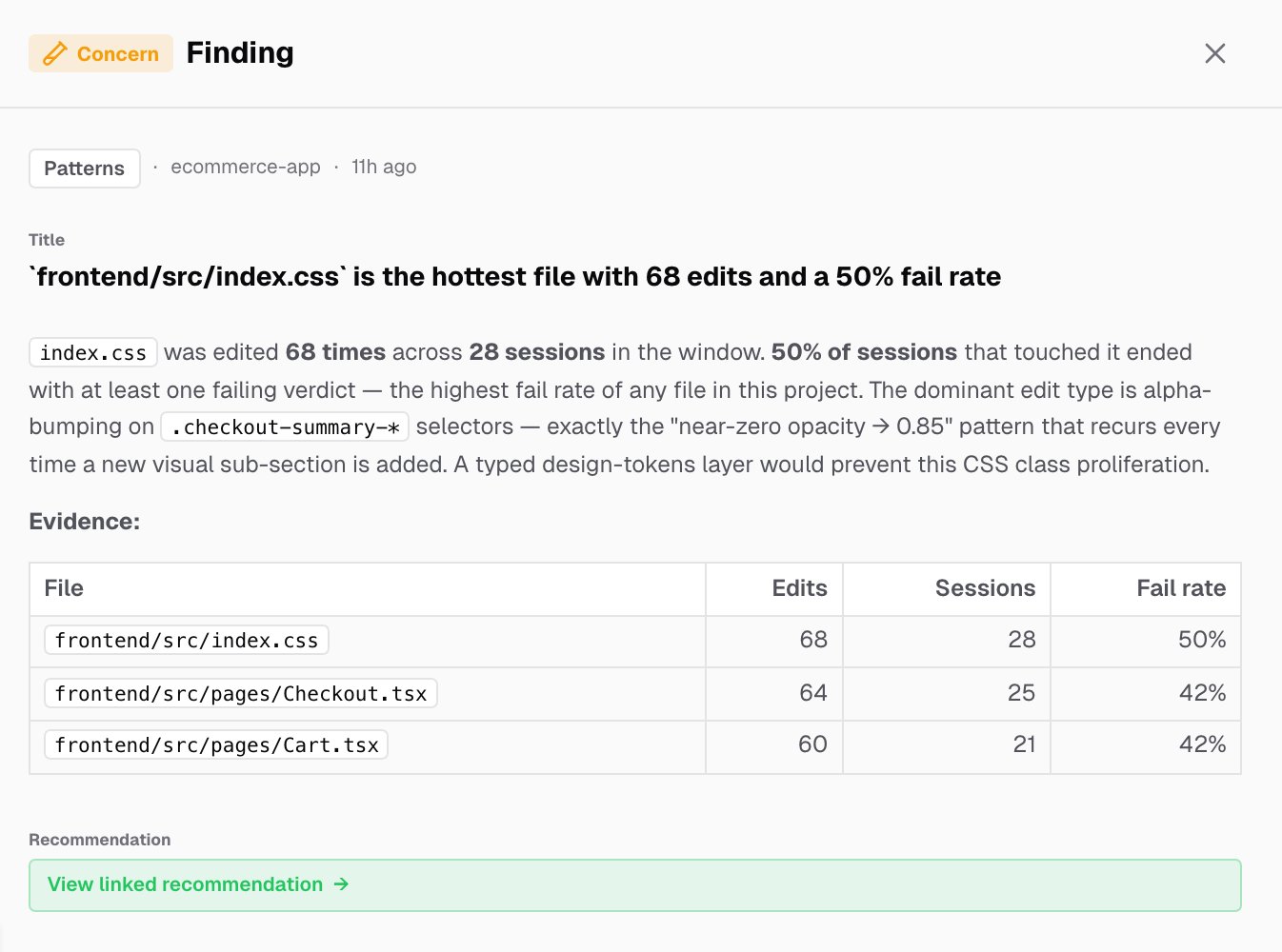 An open Concern finding in the Patterns area, with its title, description, an evidence table and the View linked recommendation link
