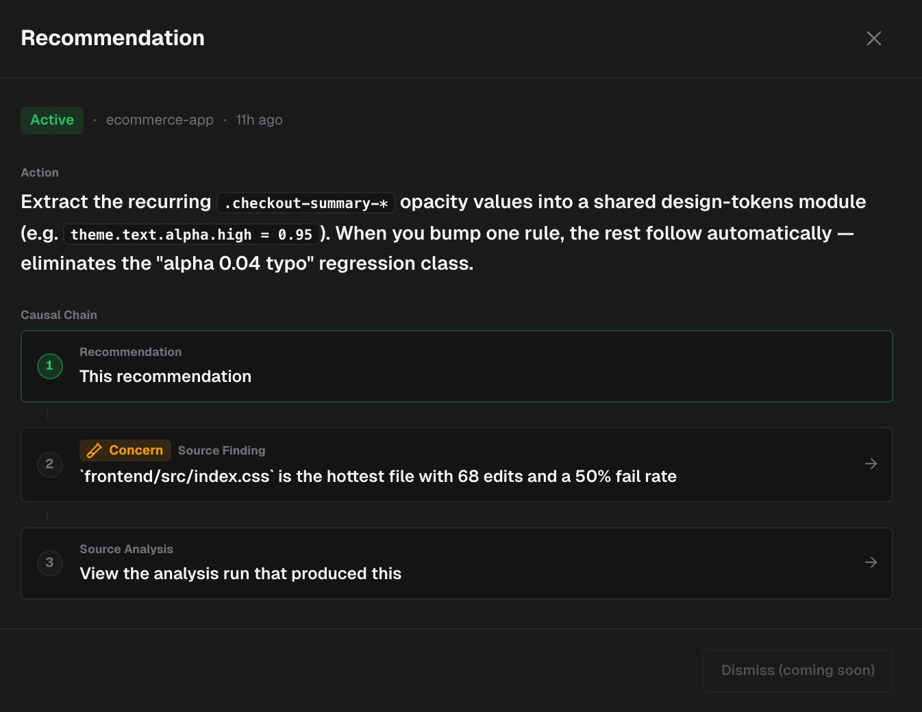 An open recommendation with its Action text, the Causal Chain from the recommendation to its source finding and source analysis, and the disabled Dismiss (coming soon) button