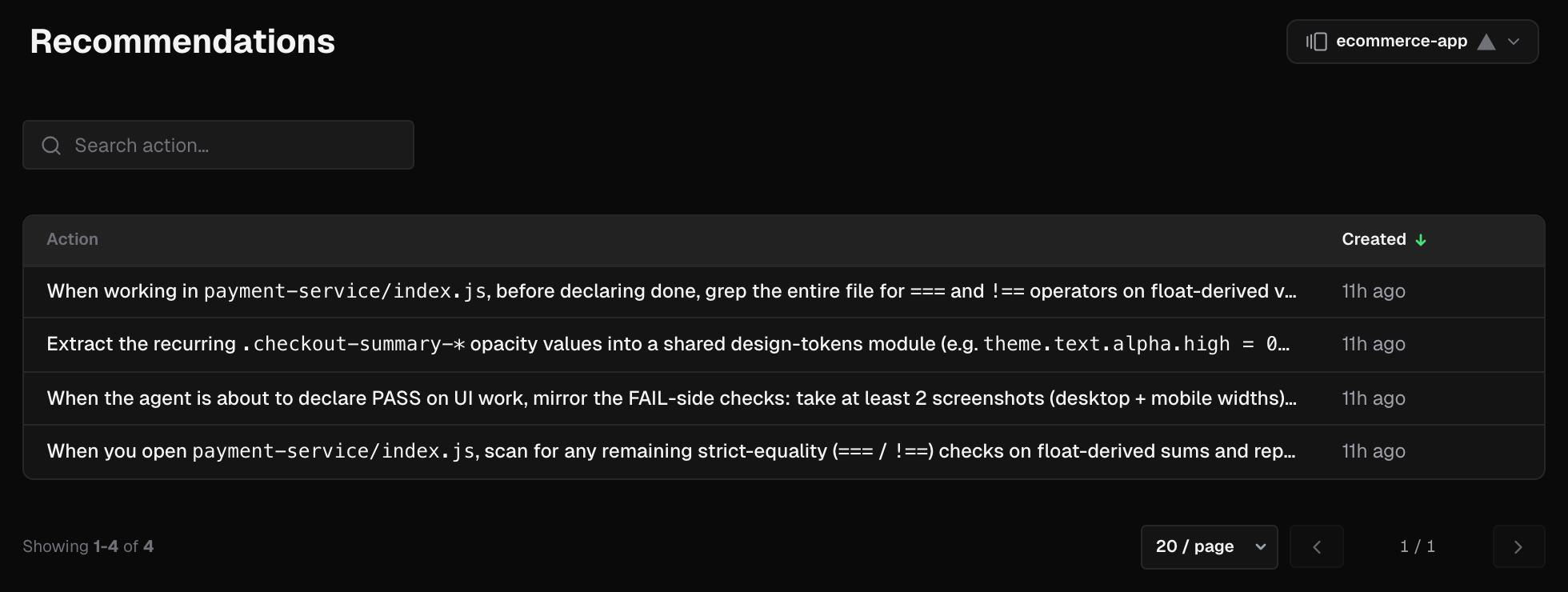 The Recommendations page for a project, with the Search action field and the table of recommended actions and when each was created