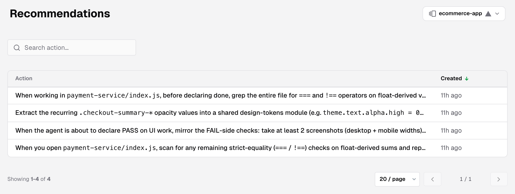 The Recommendations page for a project, with the Search action field and the table of recommended actions and when each was created