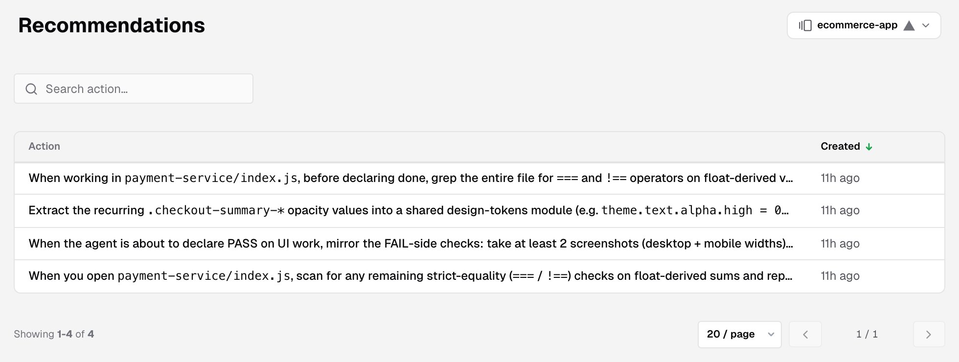 The Recommendations page for a project, with the Search action field and the table of recommended actions and when each was created