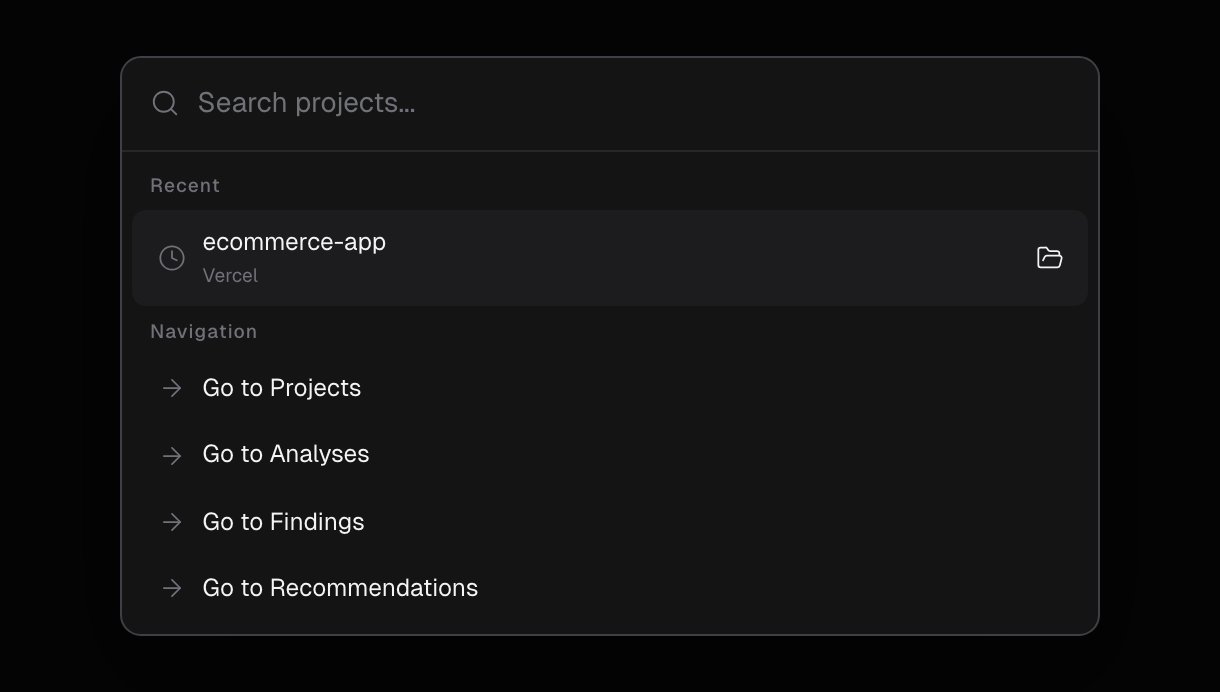 The command palette with an empty query, showing a Recent project and the Navigation shortcuts