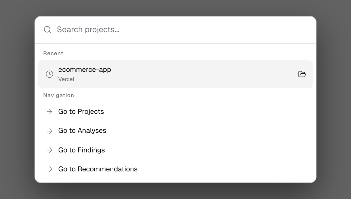 The command palette with an empty query, showing a Recent project and the Navigation shortcuts