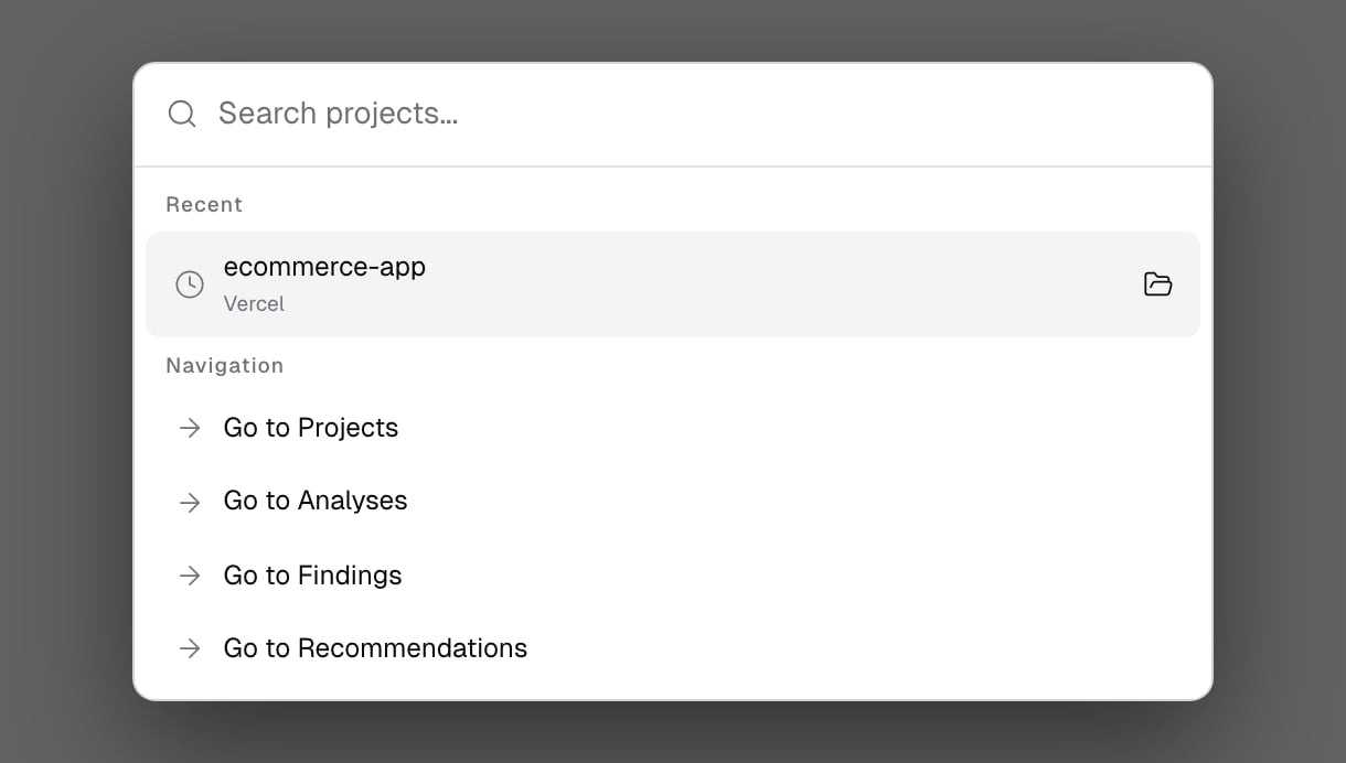 The command palette with an empty query, showing a Recent project and the Navigation shortcuts