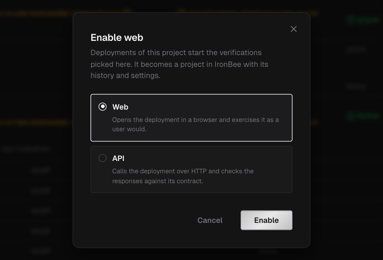 The Enable dialog for a repository, with the Web and API verification types and the Enable button