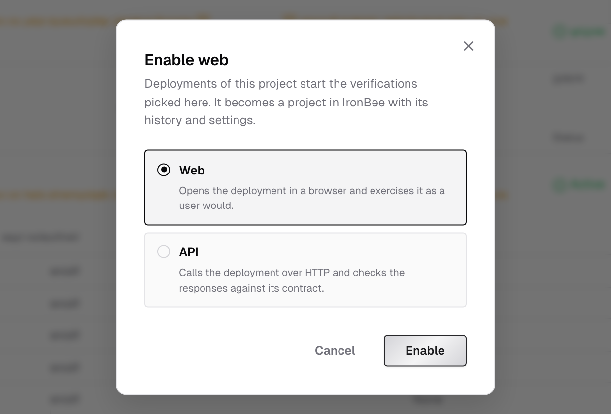 The Enable dialog for a repository, with the Web and API verification types and the Enable button