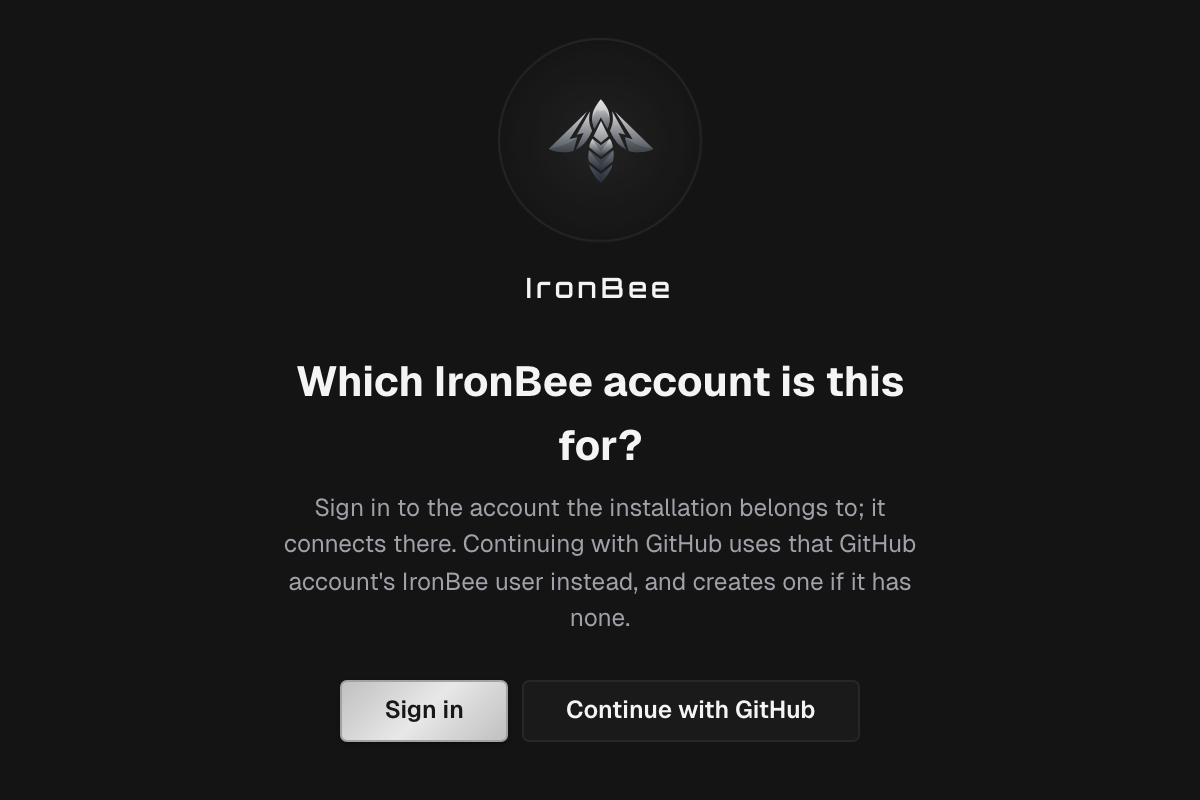 The Which IronBee account is this for? screen, with the Sign in and Continue with GitHub buttons