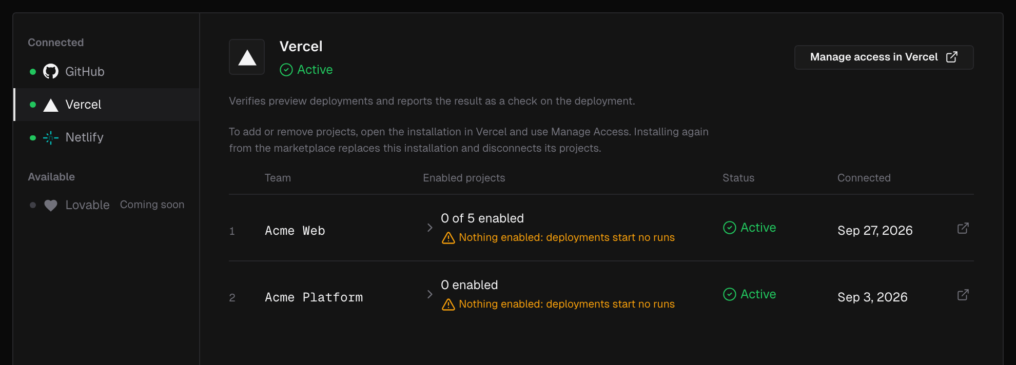 The Integrations page with Vercel selected, listing two connected Vercel teams, each marked Nothing enabled: deployments start no runs