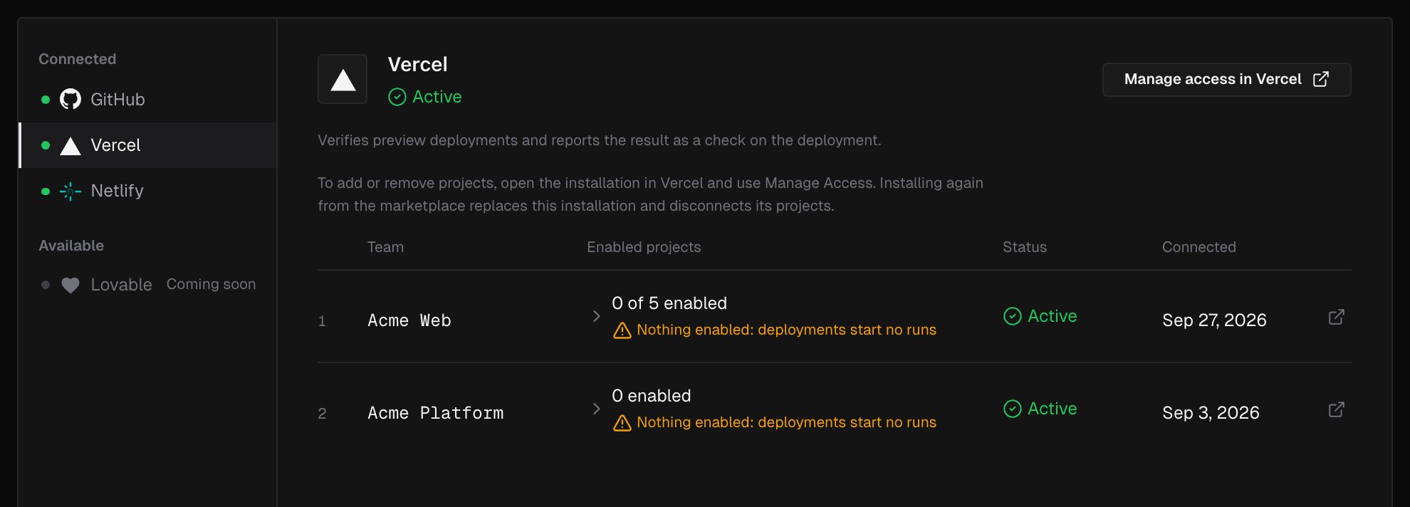 The Integrations page with Vercel selected, listing two connected Vercel teams, each marked Nothing enabled: deployments start no runs