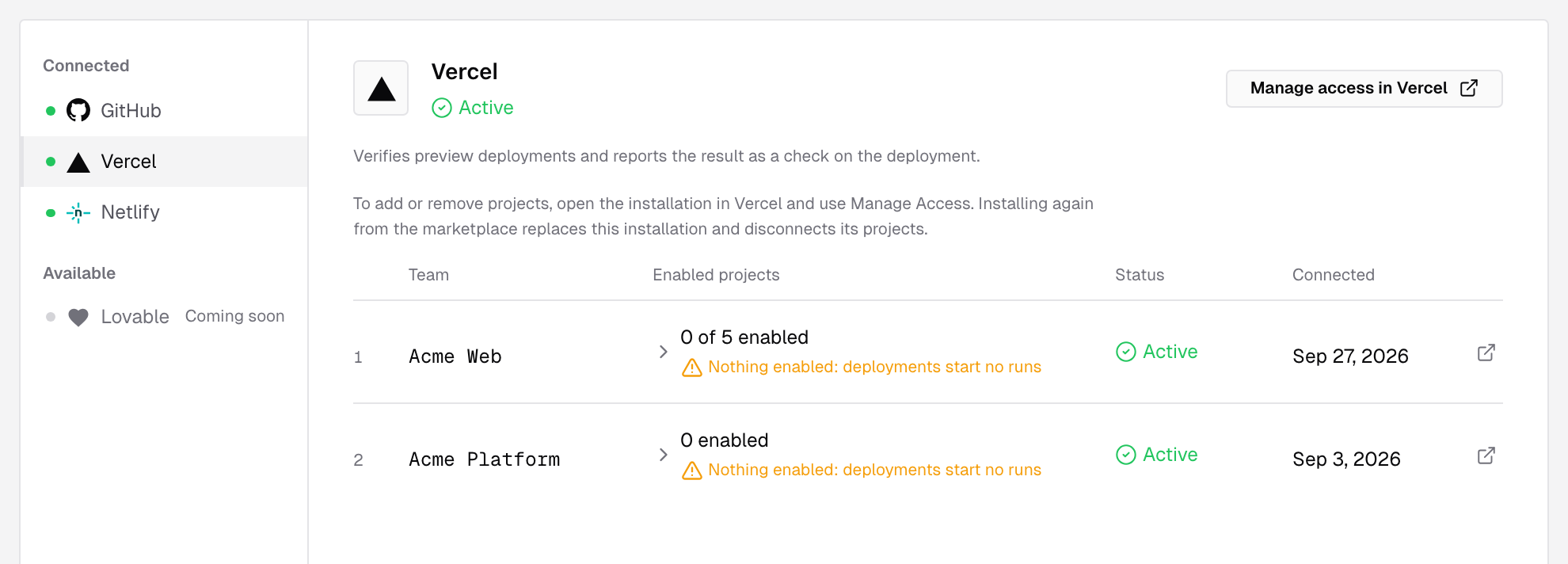The Integrations page with Vercel selected, listing two connected Vercel teams, each marked Nothing enabled: deployments start no runs