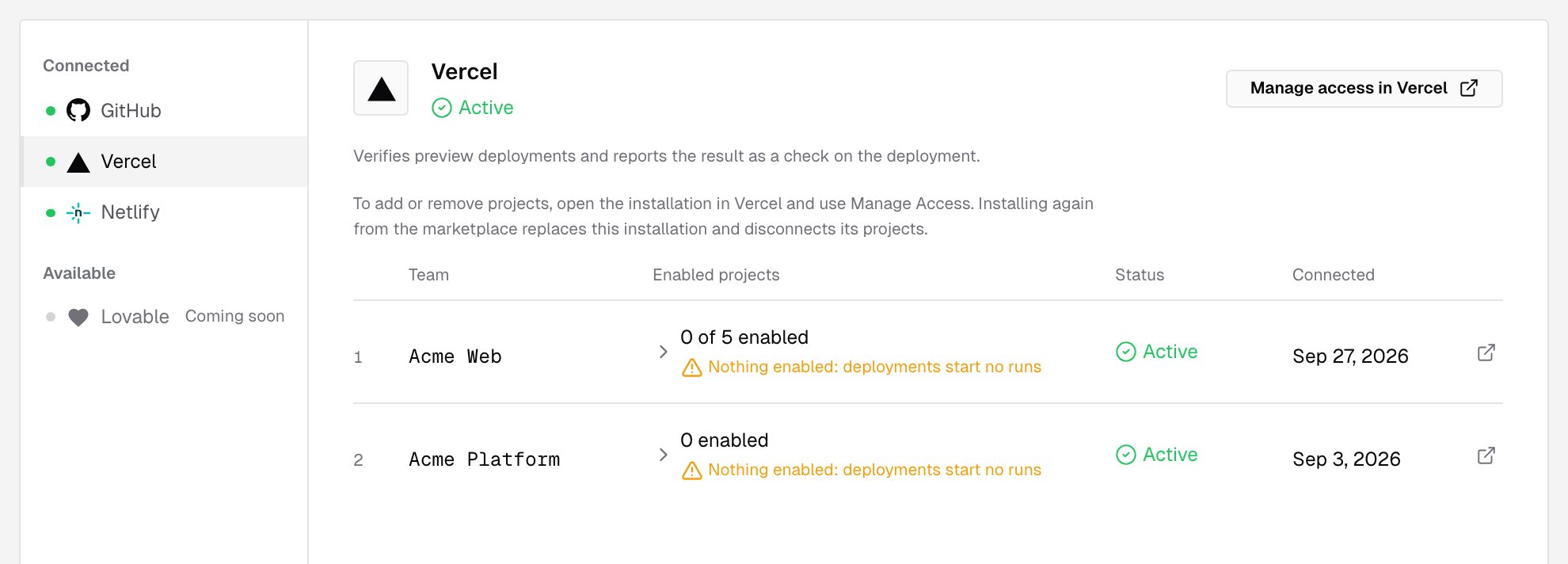 The Integrations page with Vercel selected, listing two connected Vercel teams, each marked Nothing enabled: deployments start no runs
