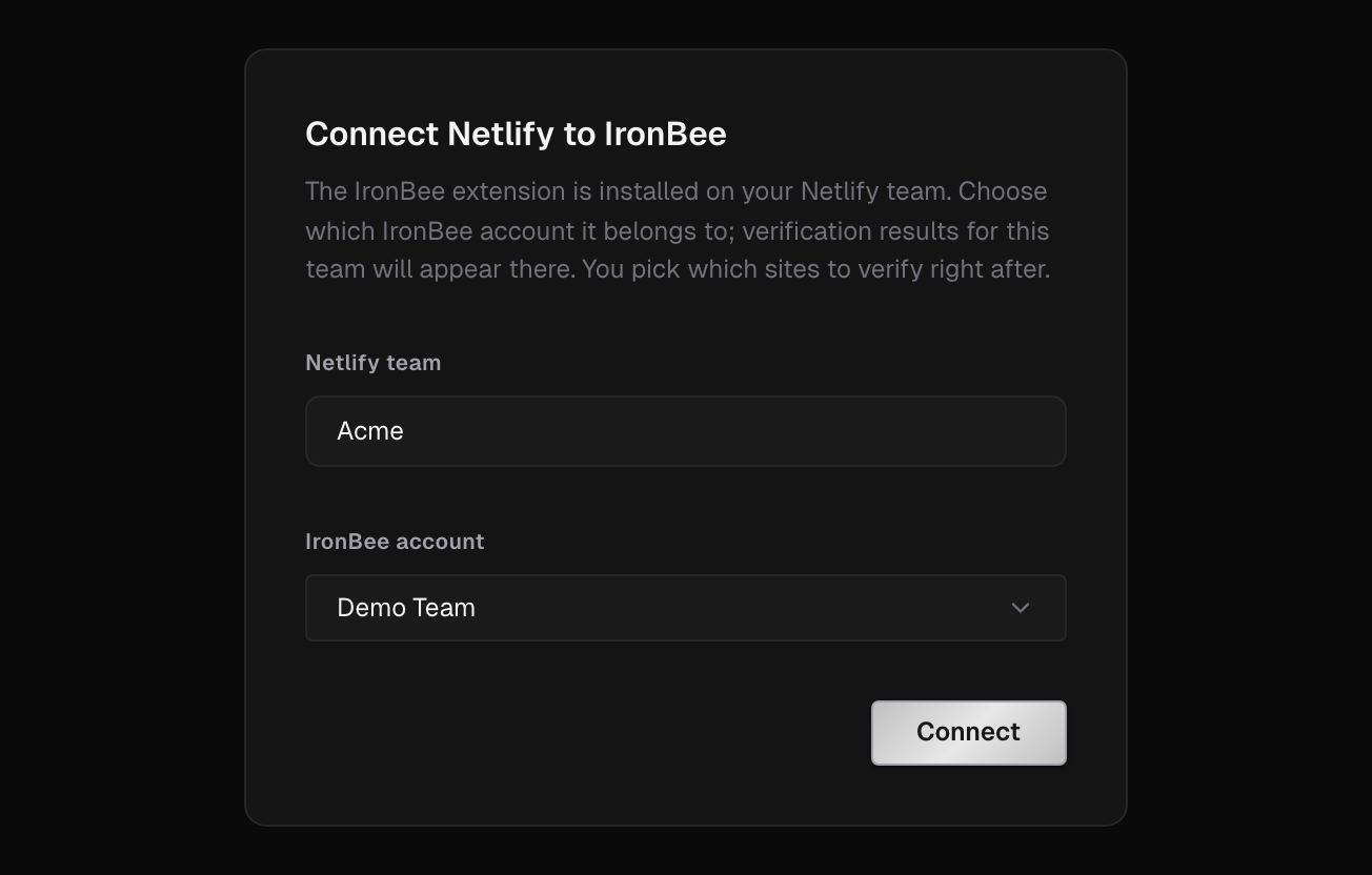 Connect Netlify to IronBee, showing the Netlify team, the IronBee account picker and the Connect button