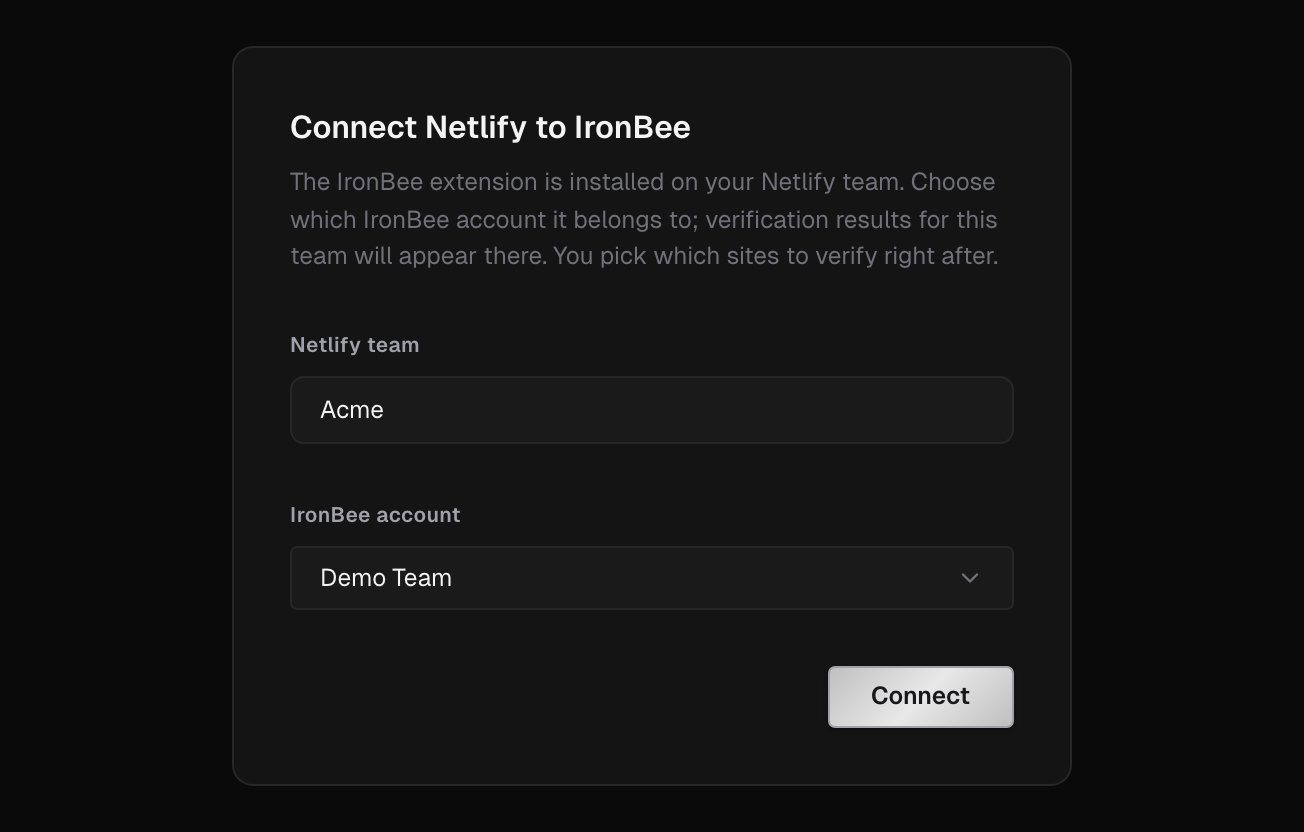 Connect Netlify to IronBee, showing the Netlify team, the IronBee account picker and the Connect button
