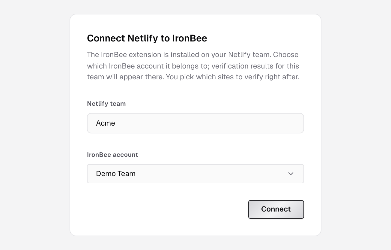 Connect Netlify to IronBee, showing the Netlify team, the IronBee account picker and the Connect button