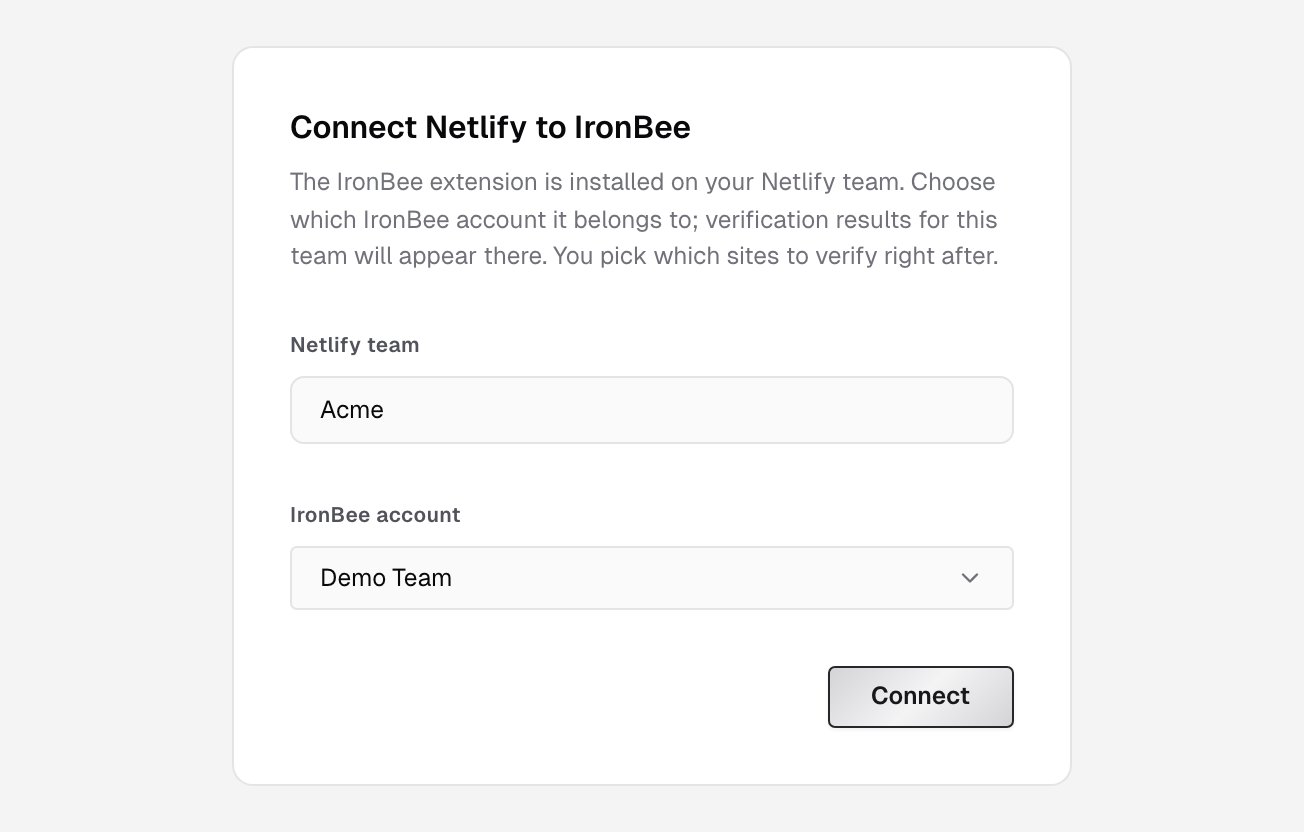 Connect Netlify to IronBee, showing the Netlify team, the IronBee account picker and the Connect button