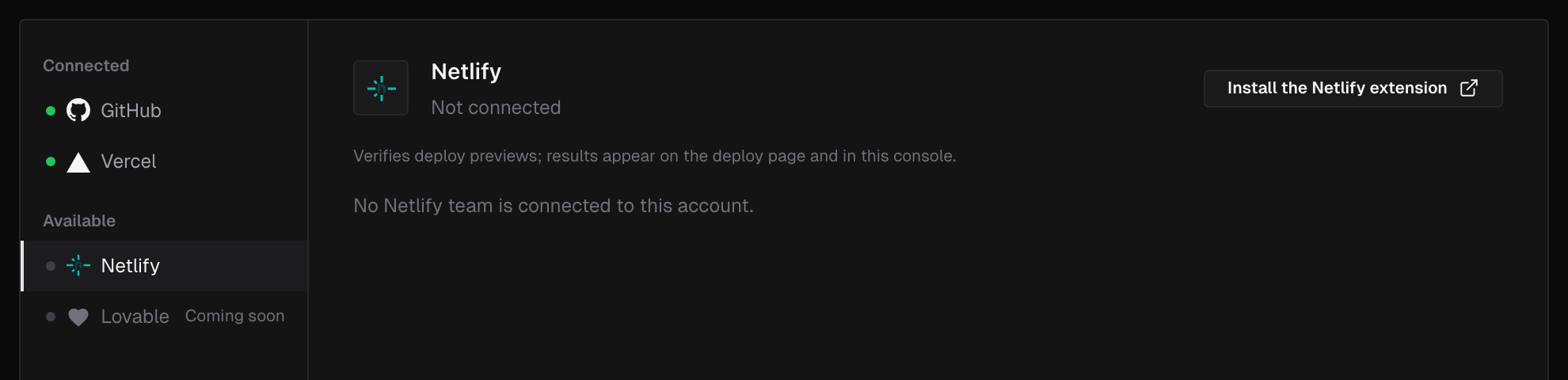 The Integrations page with Netlify selected under Available: Not connected, with the Install the Netlify extension button