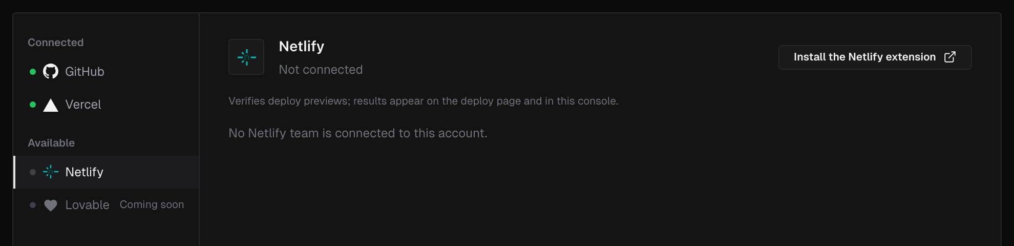 The Integrations page with Netlify selected under Available: Not connected, with the Install the Netlify extension button