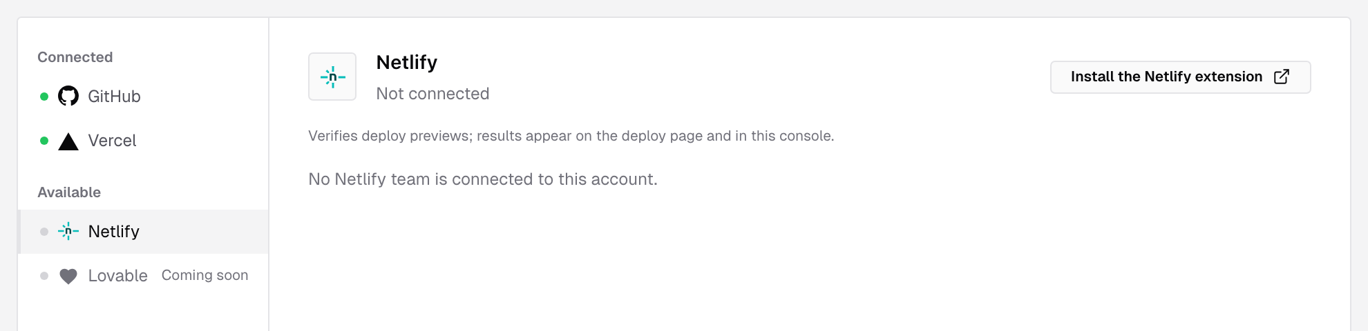 The Integrations page with Netlify selected under Available: Not connected, with the Install the Netlify extension button
