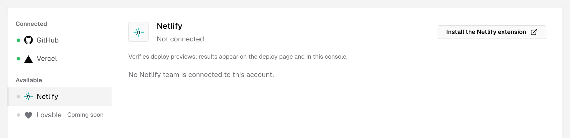 The Integrations page with Netlify selected under Available: Not connected, with the Install the Netlify extension button