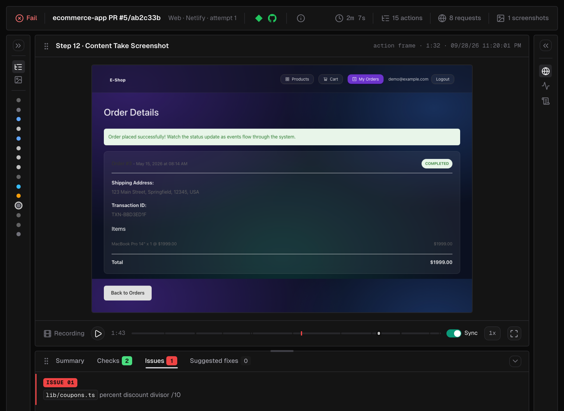 The report of a Netlify run with a Fail result: the summary strip marked Web and Netlify, a step's screenshot above the recording controls, and the Issues tab