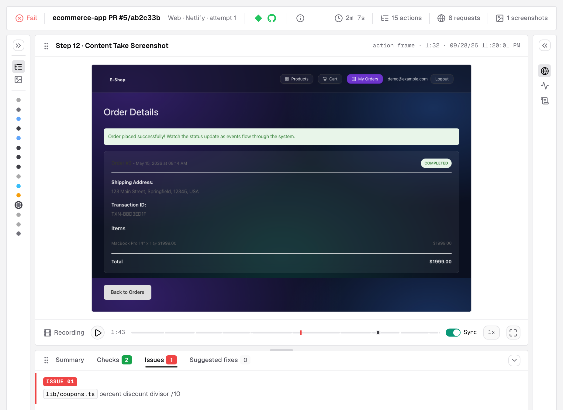 The report of a Netlify run with a Fail result: the summary strip marked Web and Netlify, a step's screenshot above the recording controls, and the Issues tab