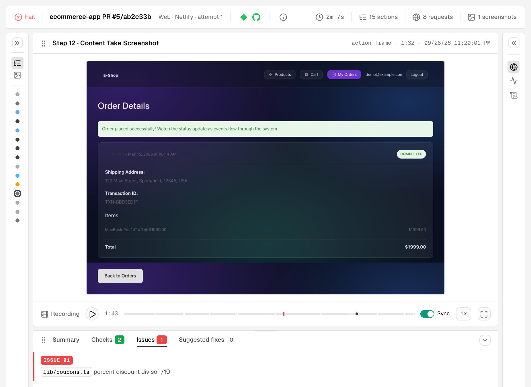 The report of a Netlify run with a Fail result: the summary strip marked Web and Netlify, a step's screenshot above the recording controls, and the Issues tab