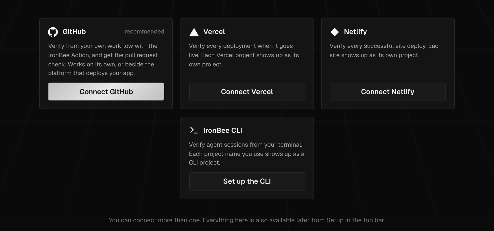 The onboarding cards for GitHub, Vercel, Netlify and IronBee CLI, with the Connect GitHub, Connect Vercel, Connect Netlify and Set up the CLI buttons