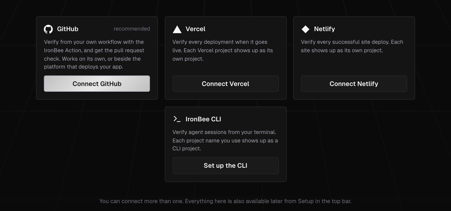 The onboarding cards for GitHub, Vercel, Netlify and IronBee CLI, with the Connect GitHub, Connect Vercel, Connect Netlify and Set up the CLI buttons