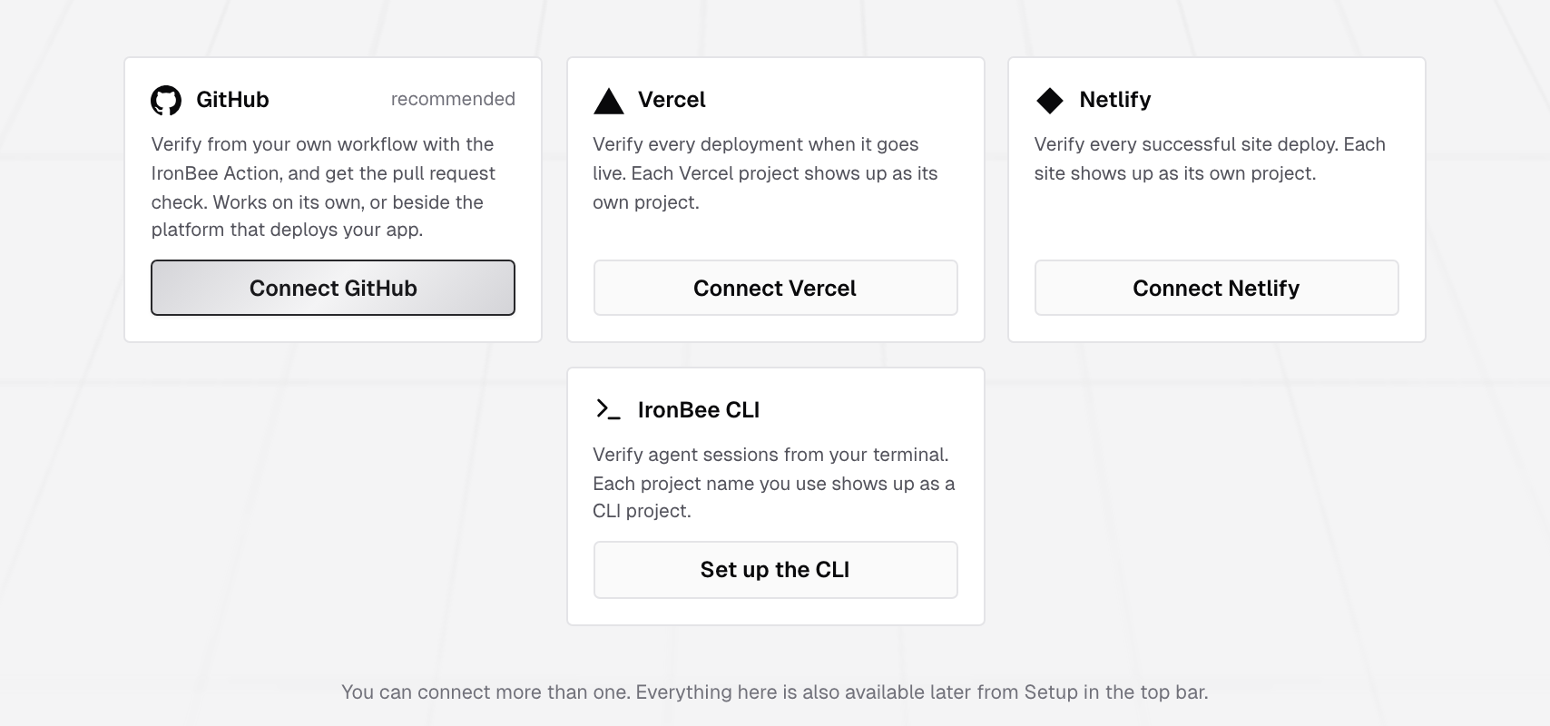 The onboarding cards for GitHub, Vercel, Netlify and IronBee CLI, with the Connect GitHub, Connect Vercel, Connect Netlify and Set up the CLI buttons