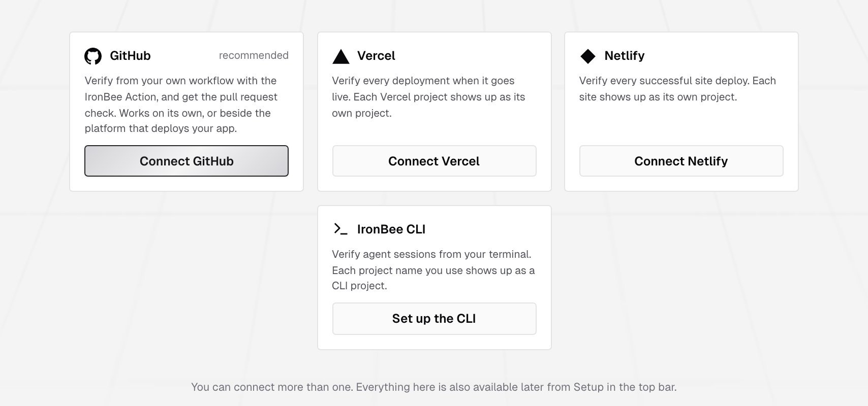 The onboarding cards for GitHub, Vercel, Netlify and IronBee CLI, with the Connect GitHub, Connect Vercel, Connect Netlify and Set up the CLI buttons