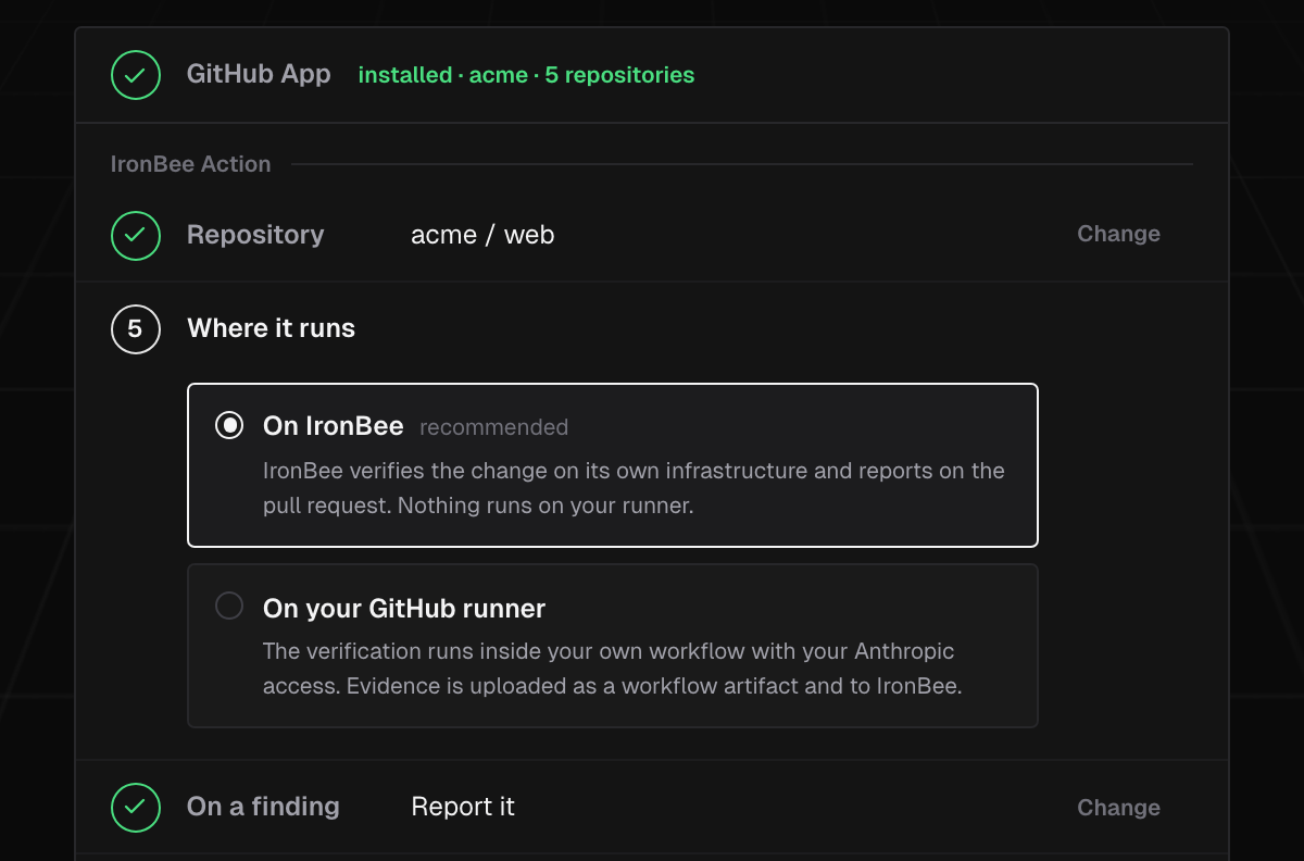 The IronBee Action step: the repository acme / web picked, Where it runs open with On IronBee (recommended) selected and On your GitHub runner, and On a finding set to Report it