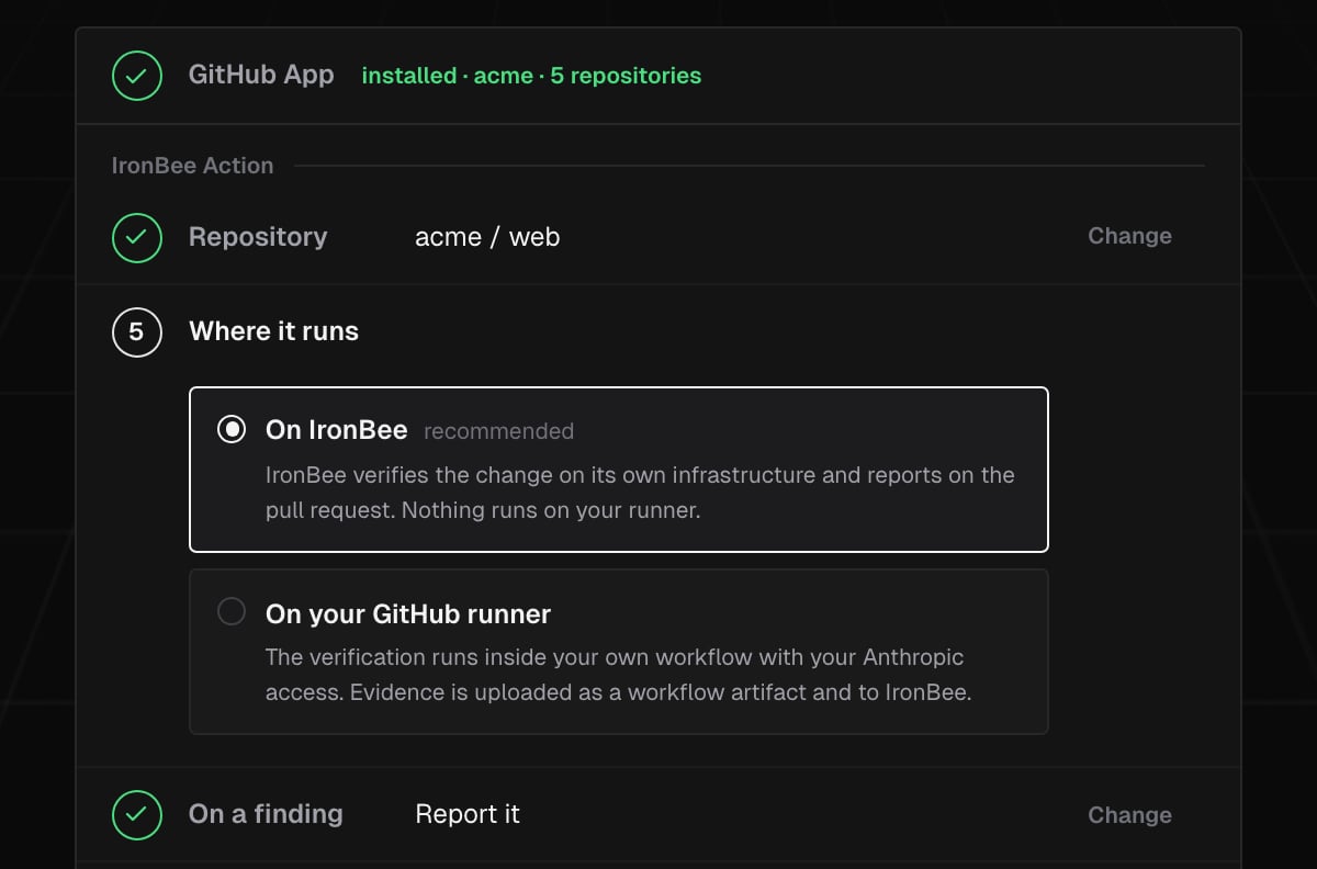 The IronBee Action step: the repository acme / web picked, Where it runs open with On IronBee (recommended) selected and On your GitHub runner, and On a finding set to Report it