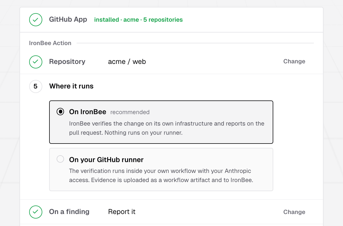 The IronBee Action step: the repository acme / web picked, Where it runs open with On IronBee (recommended) selected and On your GitHub runner, and On a finding set to Report it